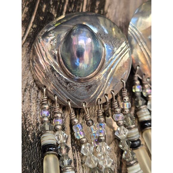 Vintage Tabra Sterling Silver Grey Pearl Celestial Statement Dangle Earrings 4" - Picture 8 of 10